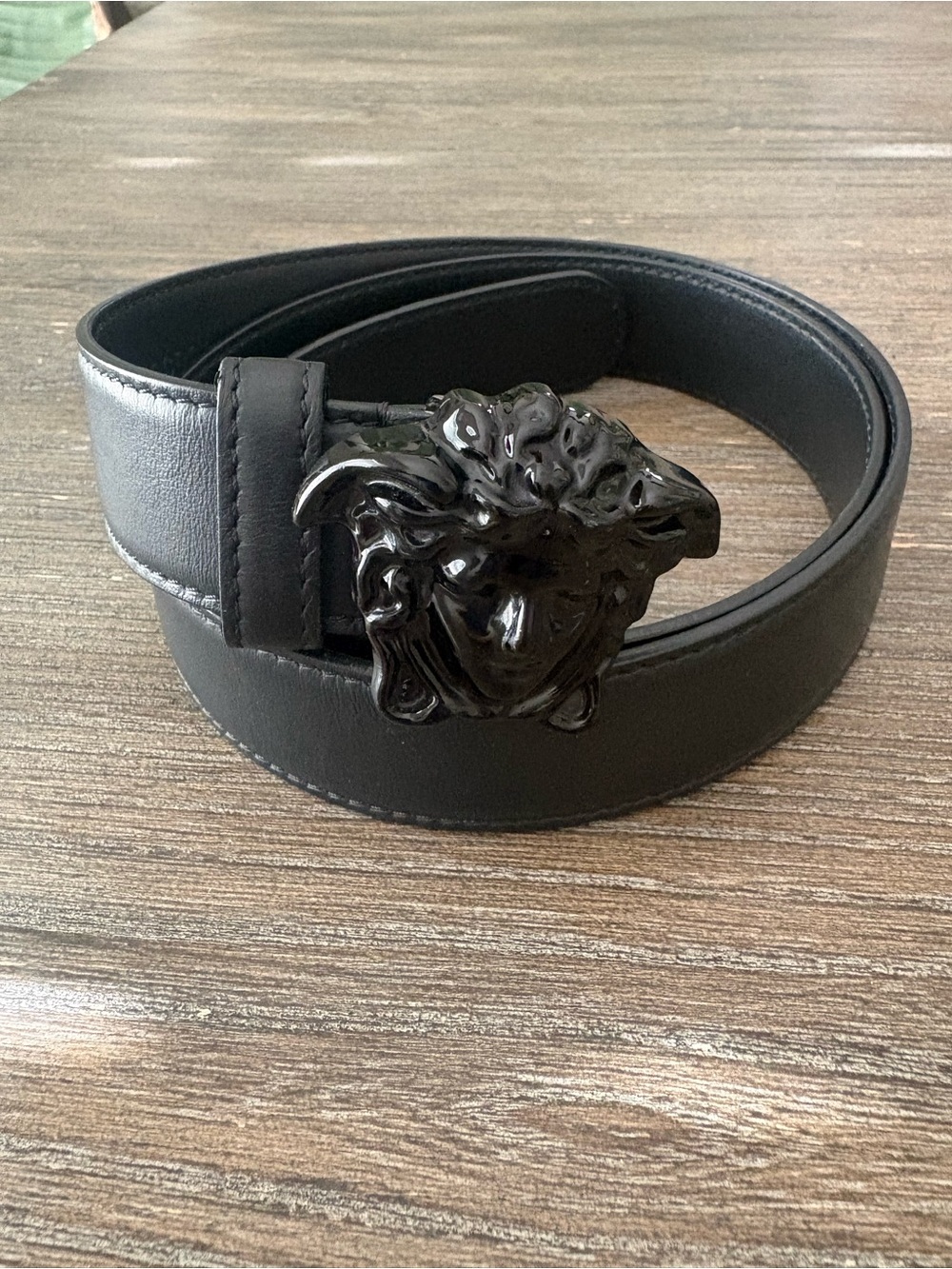Versace Black Leather Belt with Glossy Medusa Buckle
